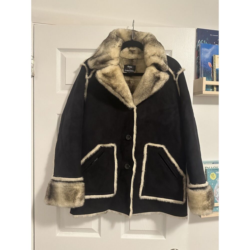 Dennis by Dennis Basso Faux Shearling Coat Size S Black Faux Fur Trim Jacket